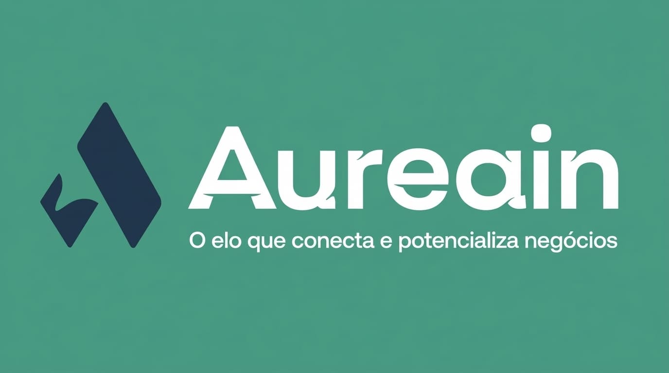 Logotipo da Aureain em letras brancas ao lado de um ícone geométrico azul sobre fundo verde, com o slogan "O elo que conecta e potencializa negócios".