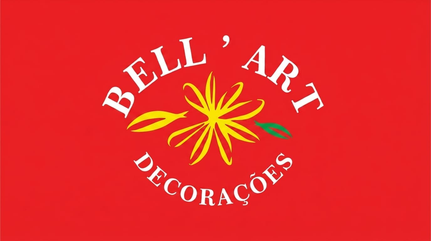 Logotipo da Bell'Art Decorações com fundo vermelho e elemento floral amarelo ao centro.