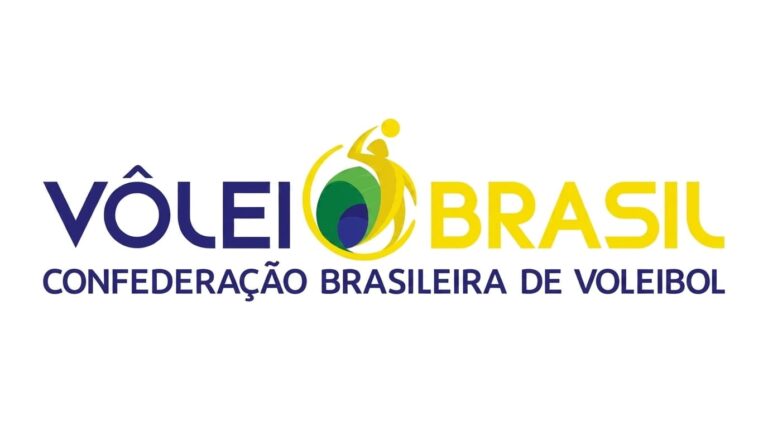 Logotipo oficial da Confederação Brasileira de Voleibol (CBV) com o texto Vôlei Brasil em azul e amarelo sobre fundo branco.