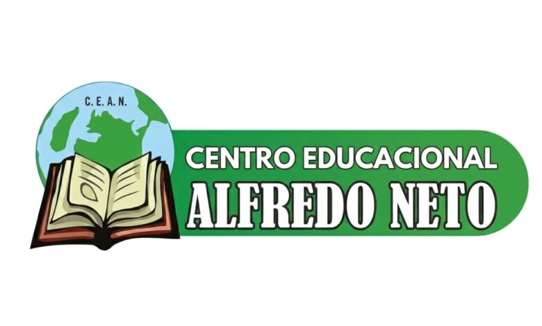 Logotipo oficial do Centro Educacional Alfredo Neto com ícone de livro aberto e globo.