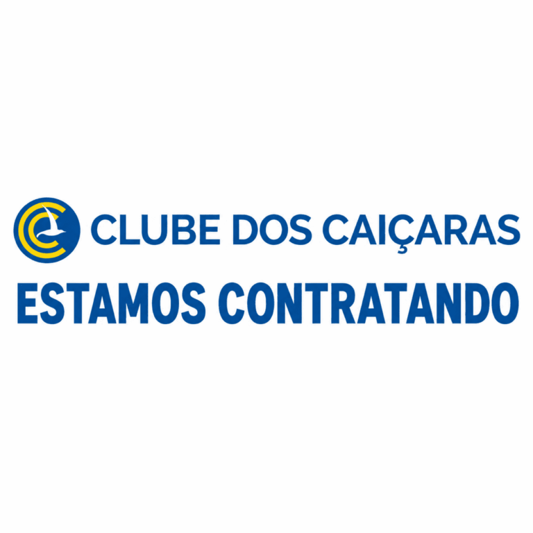 Logotipo do Clube dos Caiçaras com ícone de pássaro em círculo azul e amarelo e a mensagem Estamos Contratando.