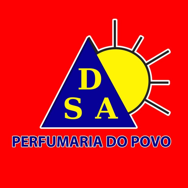 Logotipo da Perfumaria do Povo em fundo vermelho com um triângulo azul com as letras D S A e um sol amarelo ao fundo, anunciando vaga de emprego aberta.