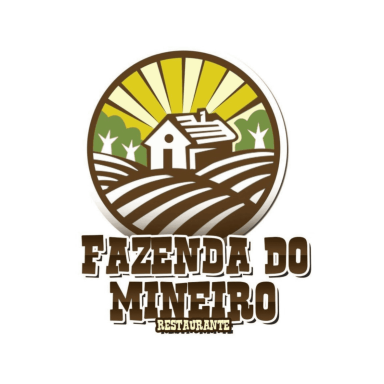 Logotipo do Restaurante Fazenda do Mineiro com ilustração rural de uma casa de campo e plantações num círculo decorativo.