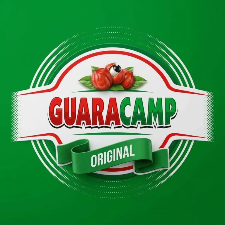 Logotipo circular da empresa Guaracamp em tons de verde, vermelho e branco com a ilustração de frutos de guaraná no topo, anunciando vaga de emprego aberta.