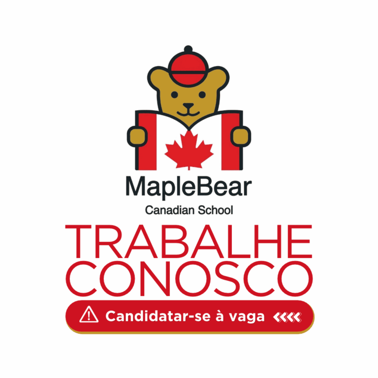 Logotipo da escola bilíngue Maple Bear Canadian School com ilustração de um urso amável e a folha de plátano em fundo branco.