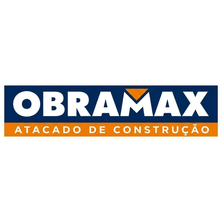 Logotipo da Obramax Atacado de Construção em azul e laranja com letras brancas, anunciando vaga de emprego aberta.