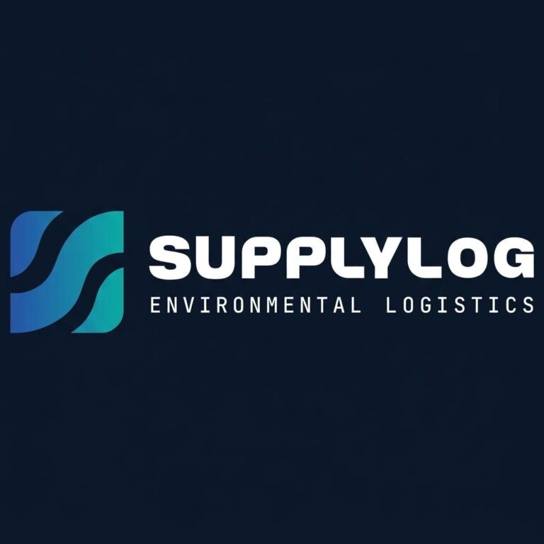 Logotipo da SupplyLog Environmental Logistics com um símbolo estilizado da letra S em azul e verde sobre fundo escuro, anunciando vaga de emprego aberta.