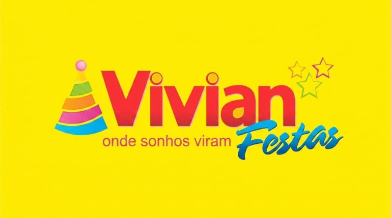 Logotipo da Vivian Festas com letras vermelhas e azuis sobre fundo amarelo e o slogan onde sonhos viram festas.
