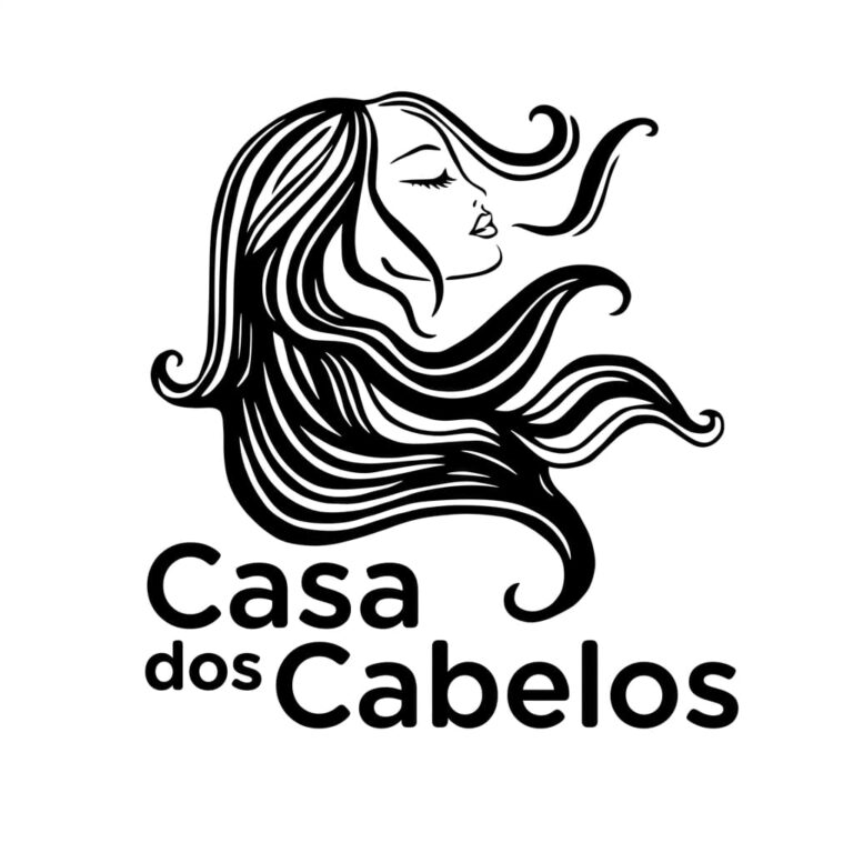 Logotipo da Casa dos Cabelos com ilustração em traços pretos do perfil feminino de cabelos longos e o nome da empresa sobre fundo claro.