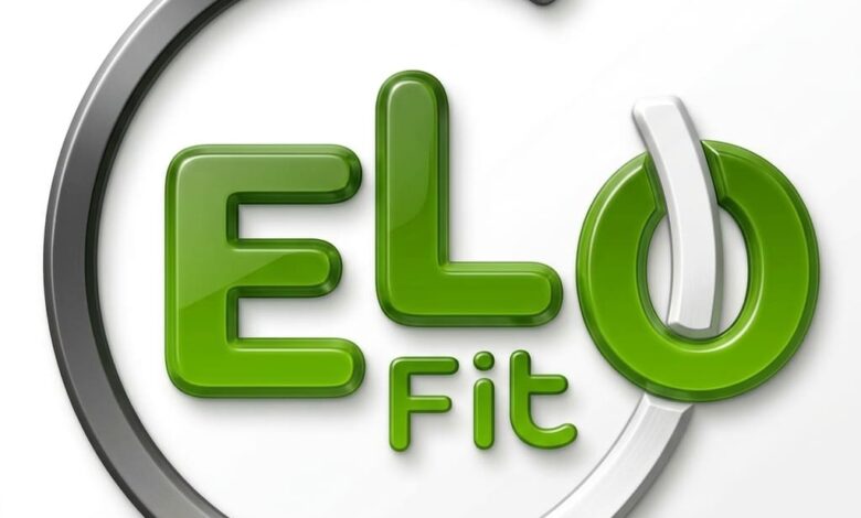 Logotipo da academia Elo Fit com letras verdes e um arco metálico circulando o nome.