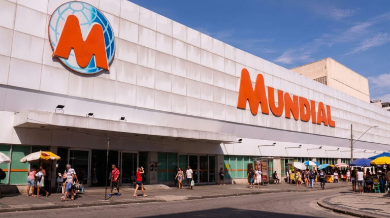 Fachada externa da loja dos Supermercados Mundial com grande letreiro laranja e o logótipo da marca em destaque sobre o edifício.