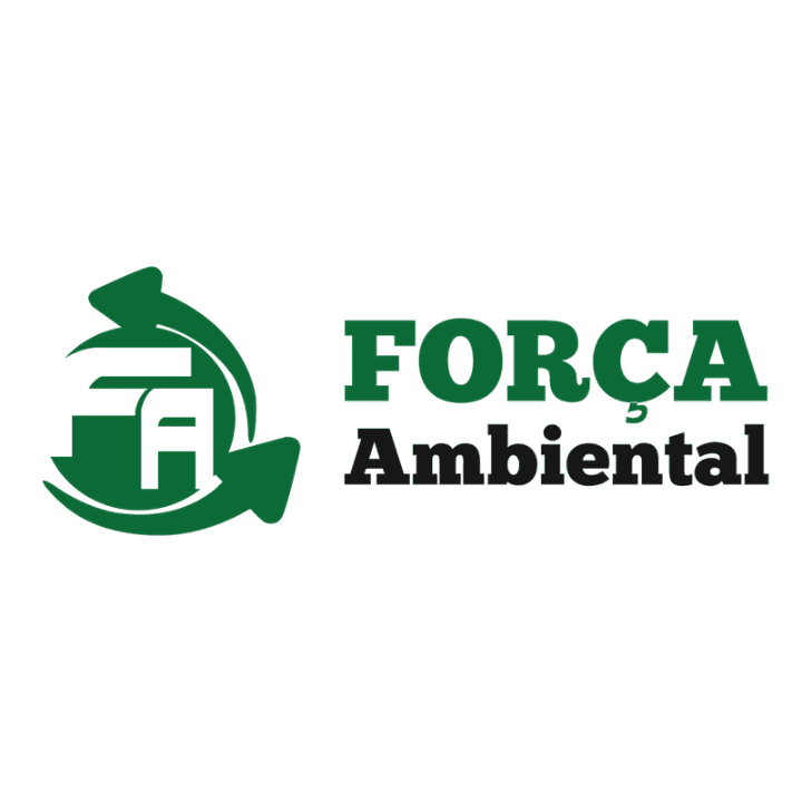 Logotipo da Força Ambiental com ícone circular de setas de reciclagem e as letras FA, ao lado do nome da empresa em verde e preto sobre fundo claro.