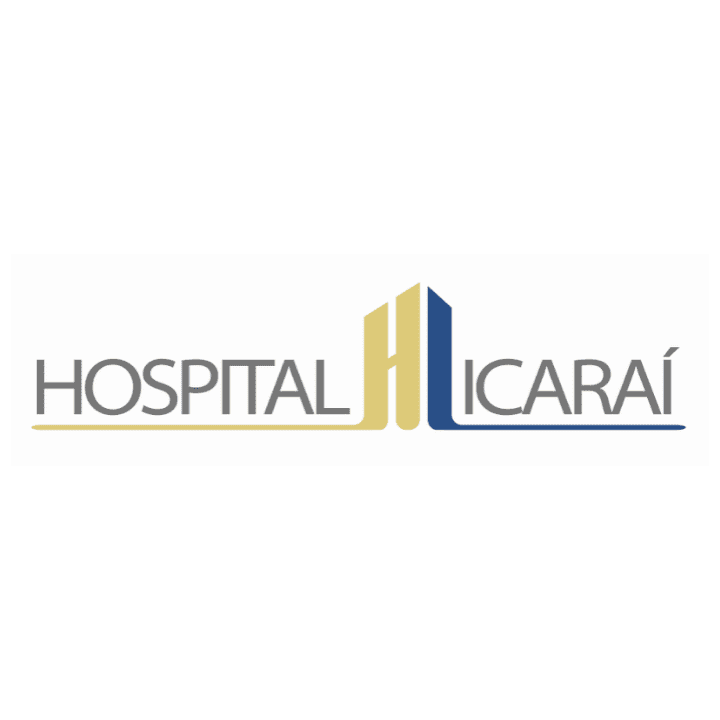 Logotipo do Hospital Icaraí com nome da instituição em cinzento e ícone estilizado da letra H em dourado e azul sobre fundo claro.