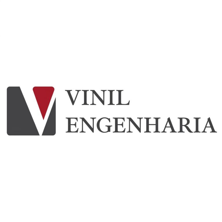 Logotipo da Vinil Engenharia com ícone estilizado da letra V em vermelho e cinzento e o nome da empresa ao lado sobre fundo claro.