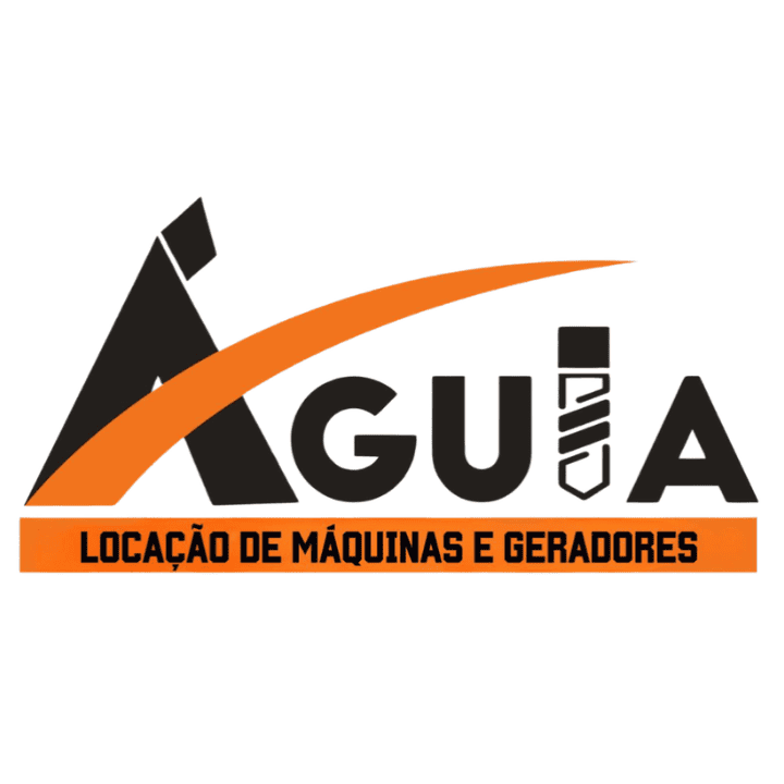 Logotipo da empresa Águia Locações em tons preto e laranja com a legenda Locação de Máquinas e Geradores.