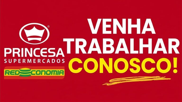 Logotipo do Princesa Supermercados com coroa branca em oval e marca Redeconomia sobre fundo vermelho.