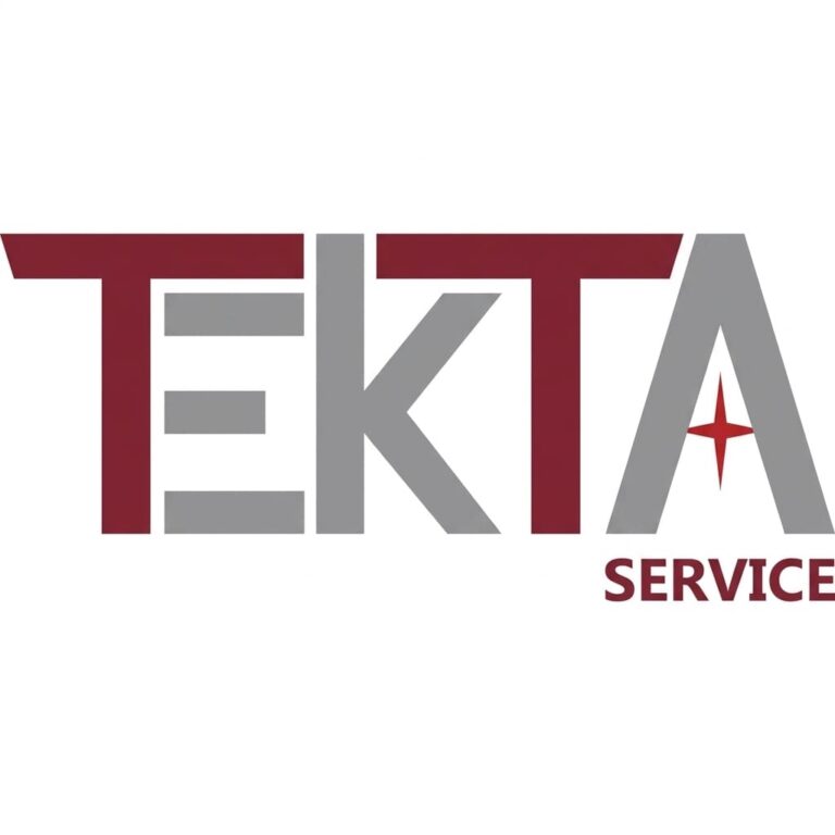Logotipo da Tekta Service com o nome TEKTA em letras vermelhas e cinzentas e a palavra SERVICE na parte inferior sobre fundo claro.