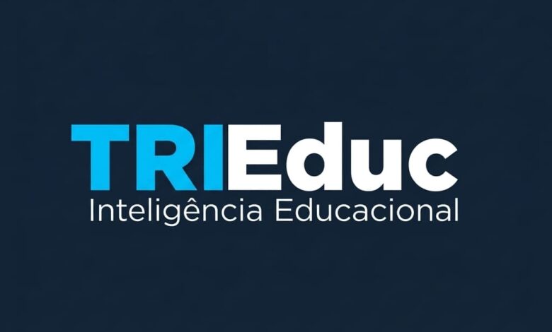 Logotipo da TRIEduc Inteligência Educacional com letras em azul e branco sobre fundo escuro.
