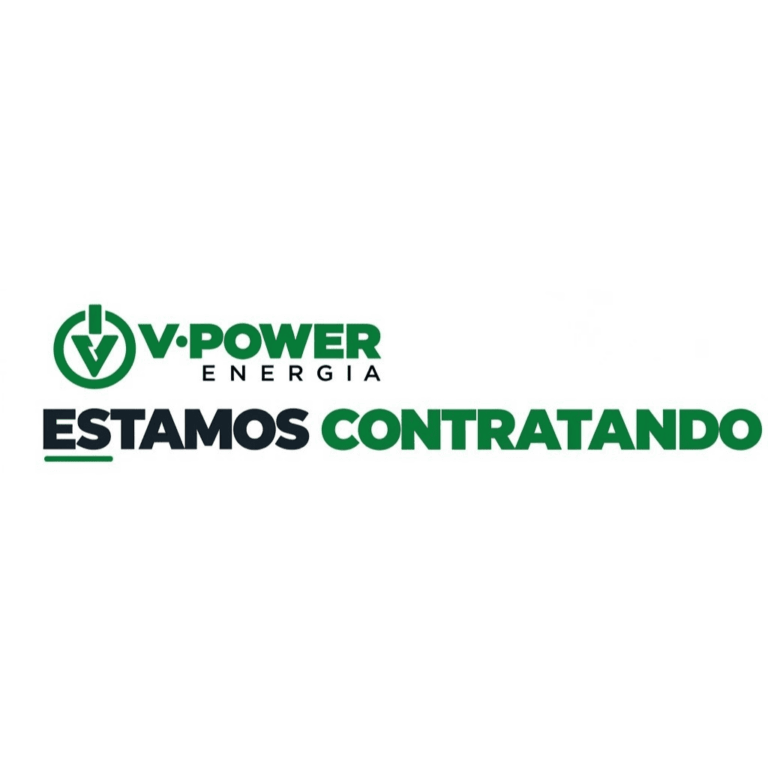 Logotipo da V-Power Energia com símbolo de botão de energia e a mensagem Estamos Contratando em letras pretas e verdes sobre fundo claro.